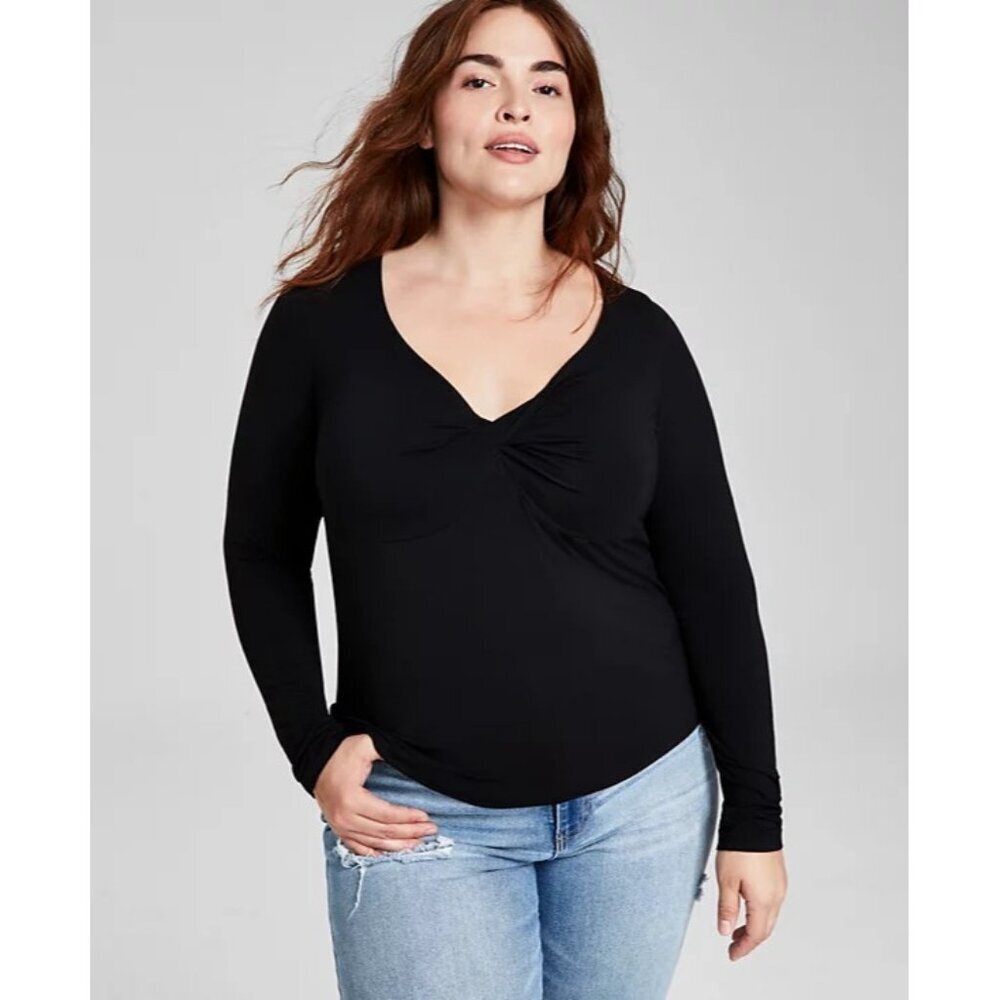 And Now This Womens Trendy Plus Size 4X Long Sleeve Twisted V-Neck Top Black 733